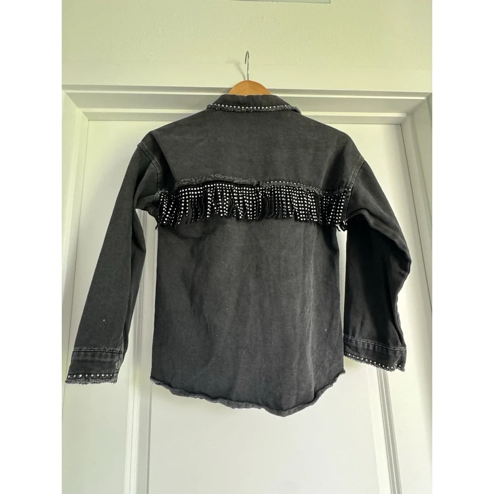 Zara Girl's Black Denim Studded Fringed Shirt Jacket Black Size 10 Snap